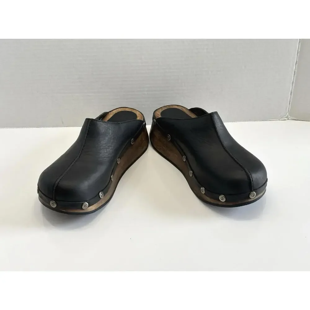 Rare Canyon River Blues Gordon Womens 7M Black Leather Wooden Sole Comfort Clogs - Picture 9 of 16